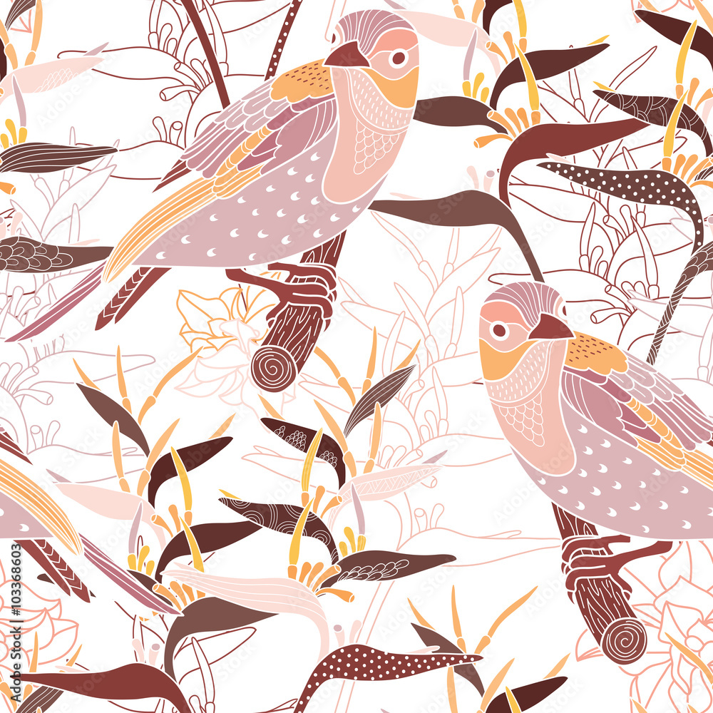 Fototapeta premium Seamless floral pattern with birds