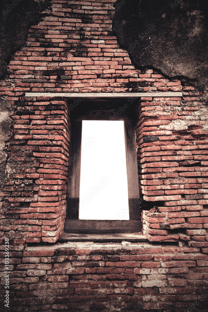 Window withe light in old red brick wall texture background