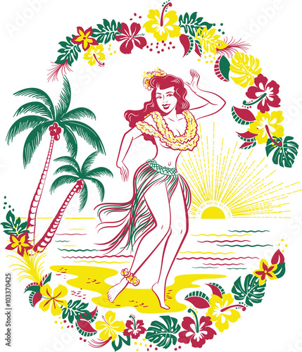 Retro design of  Hawaiian hula girl dancing in a grass skirt on a beach in front of palm trees surrounded by tropical flowers as the sun sets