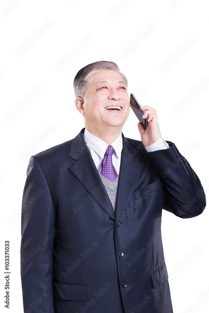 pose and gesture of old Asian businessman in suit with cellphone pose and gesture of old Asian businessman in suit with cellphone