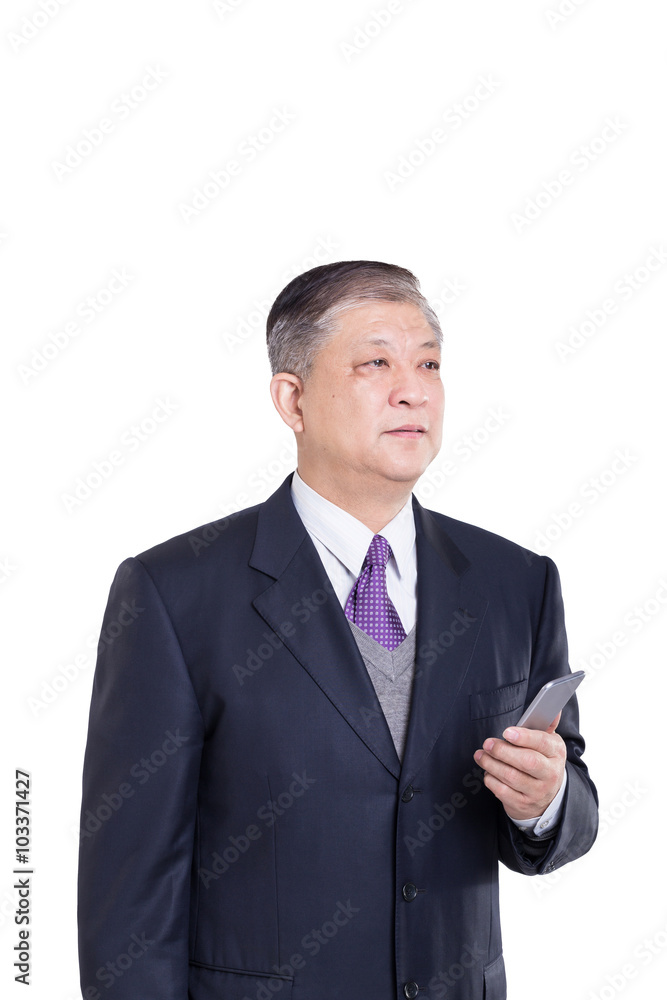 pose and gesture of old Asian businessman in suit with cellphone