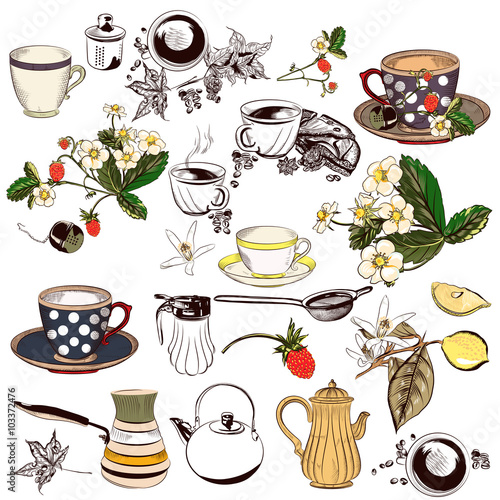 Vector set of hand drawn elements cups, teapots and other for re