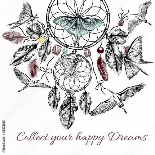 Hand drawn dream catcher in engraved style on white