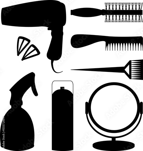 Hair accessories and barber tools black icons