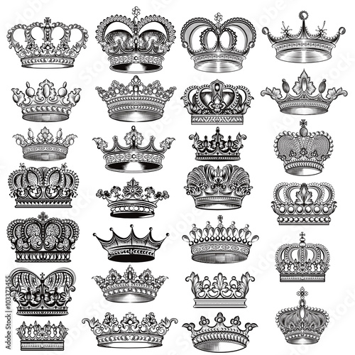 Big vector set of hand drawn detailed crowns for design