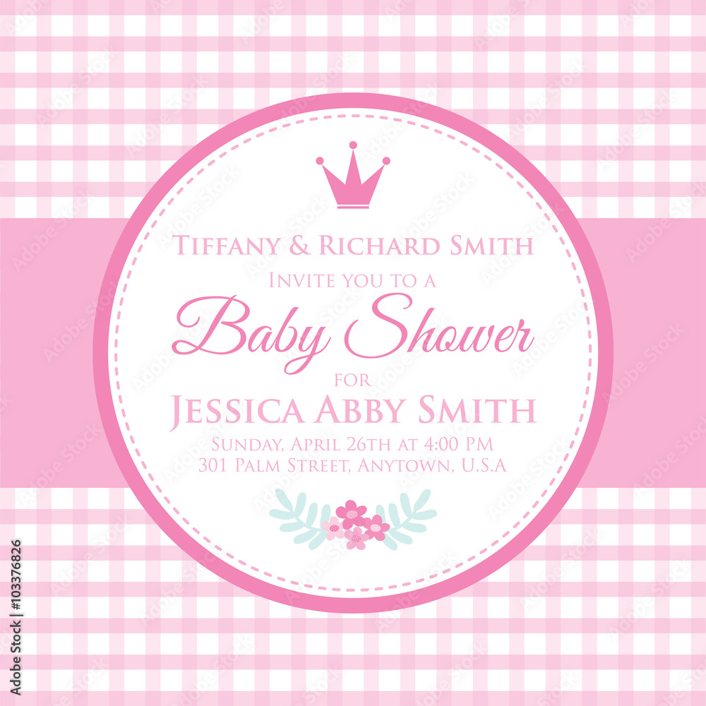 baby shower invitation design with pink plaid background perfect for welcoming your baby girl