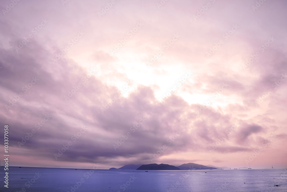 sunset at sea, cloudy landscape, lilac evening sky