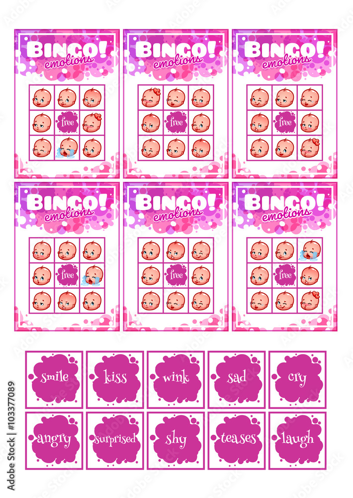 Educational bingo game for preschool kids with different baby emot Educational bingo game for preschool kids with different baby emot