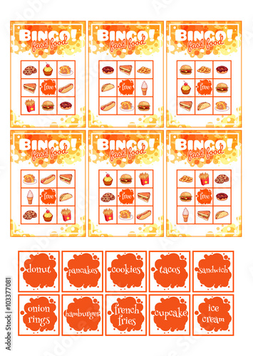 Educational bingo game for preschool kids with fast food.
