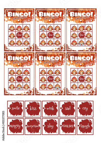 Educational bingo game for preschool kids with different emotions