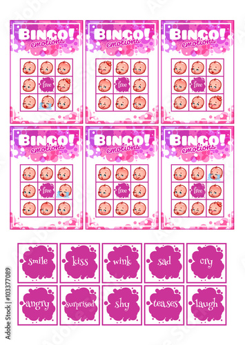 Educational bingo game for preschool kids with different baby emot