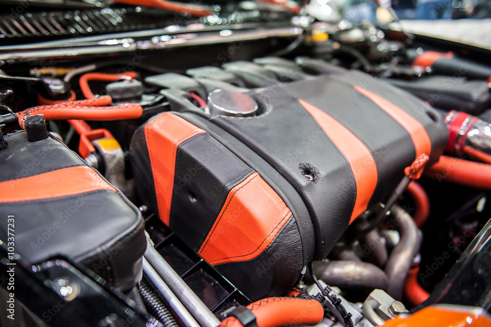 Fototapeta premium Red and black engine of a modern car