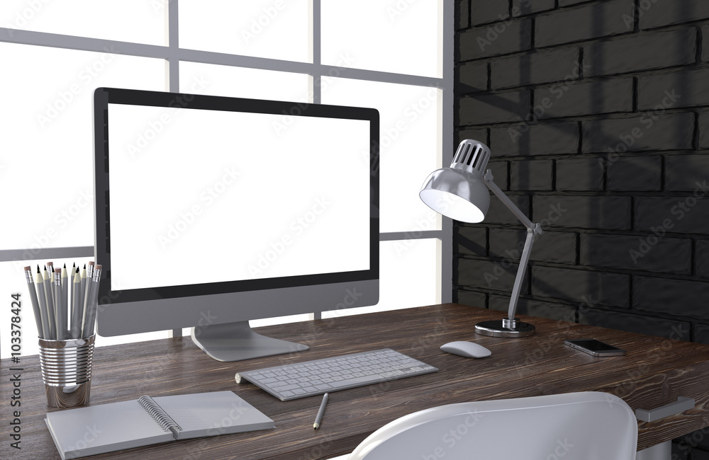 Fototapeta premium 3D illustration PC screen on table in office, Workspace
