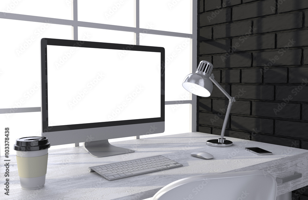 3D illustration PC screen on table in office, Workspace 3D illustration PC screen on table in office, Workspace
