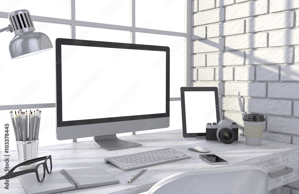 3D illustration PC screen on table in office, Workspace 3D illustration PC screen on table in office, Workspace