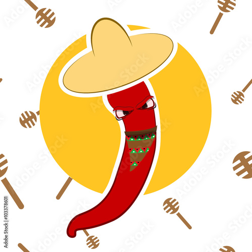 Vector sign (card, poster, wallpaper): cartoon angry cowboy chili pepper in sombrero. Seamless pattern background with maracas (cuban rattles)