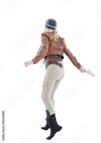 young blonde woman in a steampunk outfit, action hero pose. isolated on white background.