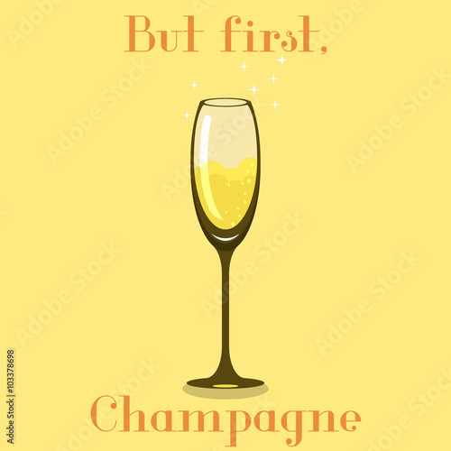 Poster or card with champagne glass, sparkles and bubbles.
