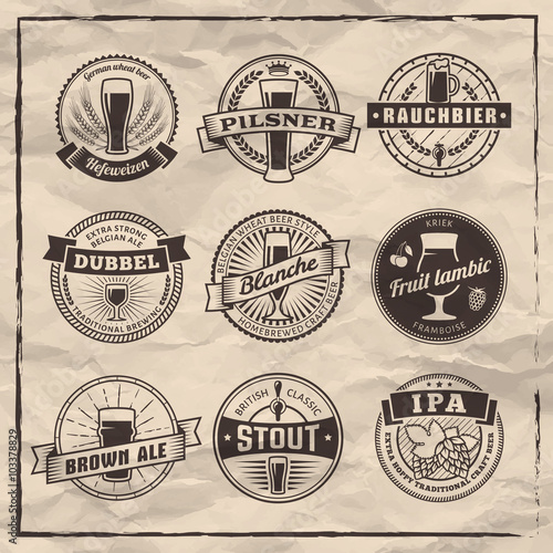 Craft beer labels. Traditional german, belgian and british beer styles. Weissbier, pilsner, rauchbier, dubbel, blanche, fruit lambic, brown ale, stout and IPA. Vintage craft beer emblems.
