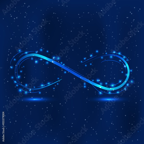 Infinity symbol with bright lights on a deep night background. Vector technology design