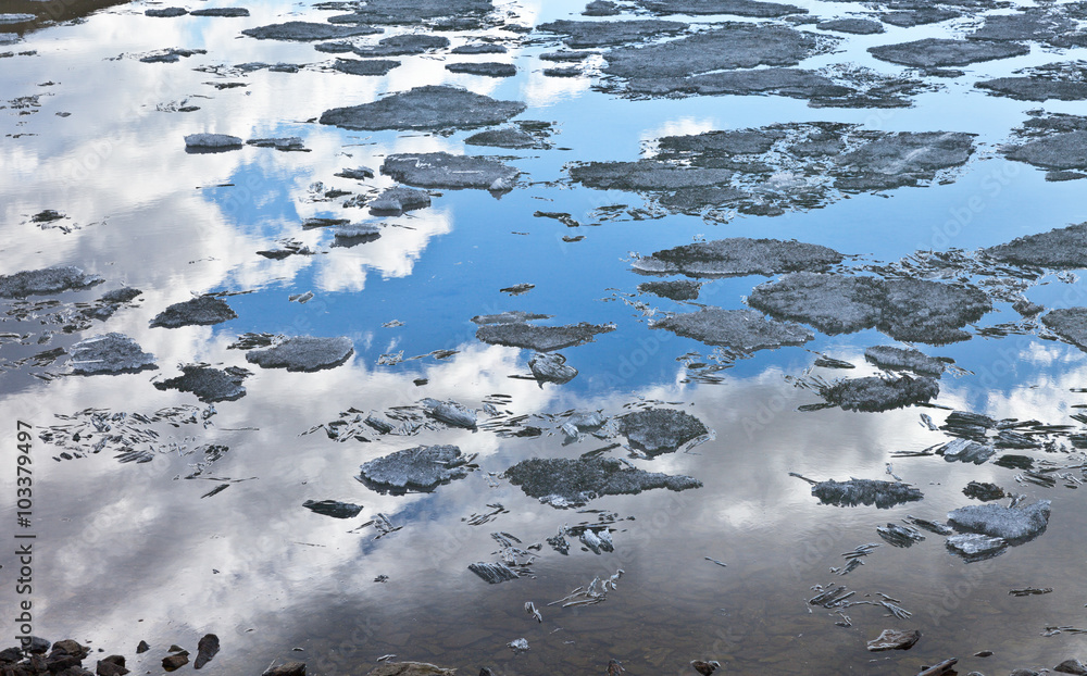 Reflection of the sky in the water with melting ice. Natural background Reflection of the sky in the water with melting ice. Natural background