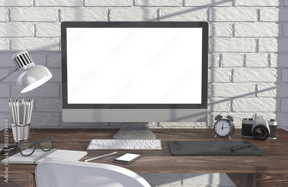 Fototapeta premium 3D illustration PC screen on table in office, Workspace