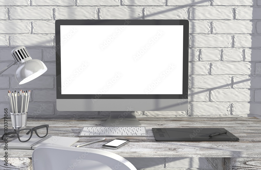 Fototapeta premium 3D illustration PC screen on table in office, Workspace