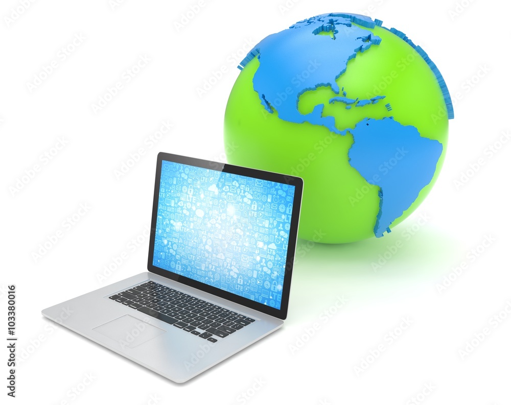 Laptop network and earth globe. 3d render Laptop network and earth globe. 3d render