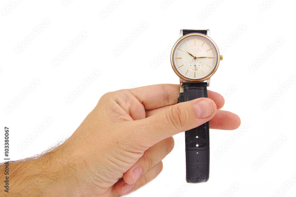 Man's hand with elegant watch on a white background. Time concept Man's hand with elegant watch on a white background. Time concept