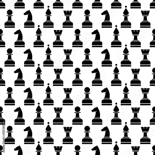 Seamless vector chaotic pattern with black chess pieces on the whitebackground. Series of Gaming and Gambling Patterns.