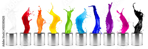 Billede på lærred metal color dose row with colorful rainbow color splashes isolated on white back
