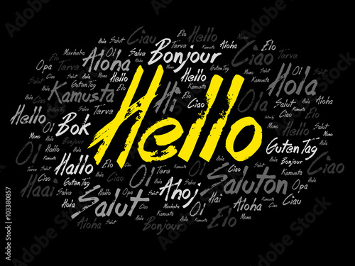 Hello word cloud in different languages of the world  background concept