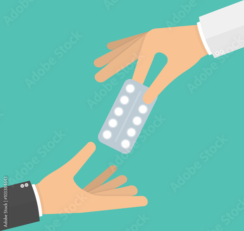 Hand giving medicine pills in a blister pack to another hand. Vector illustration in flat style