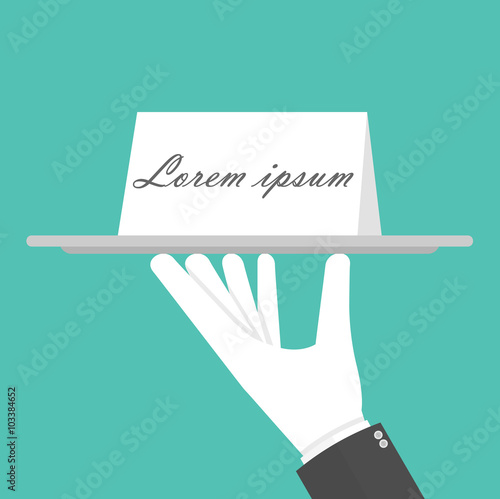 Hand holding or carrying paper card on a silver serving platter with white gloves. Flat design