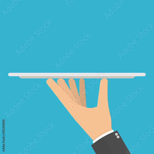 Hand holding or carrying empty silver serving platter. Flat design