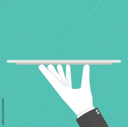Hand holding or carrying empty silver serving platter with white gloves. Flat design