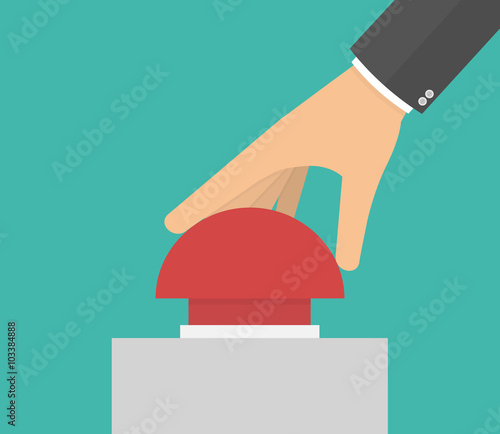 Hand pushing or pressing the big red button. Side view. Flat design