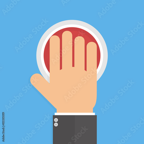 Hand pushing or pressing the big red button isolated on blue background. Top view. Flat style