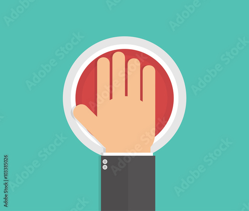 Hand pushing or pressing the big red button. Top view. Flat style