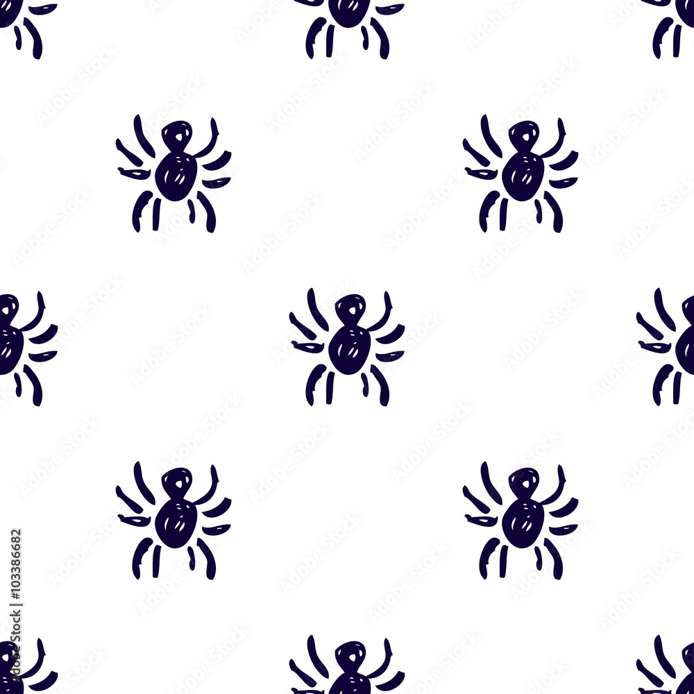 Seamless vector pattern, background with spiders on the white backdrop. Hand sketch drawing. Imitation of ink pencilling. Series of Insects and Hand Drawn Patterns.