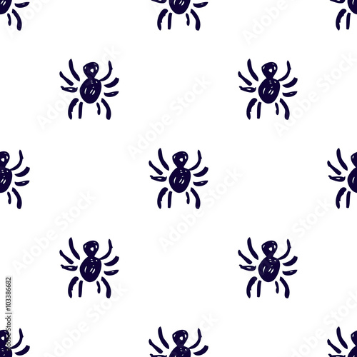 Seamless vector pattern, background with spiders on the white backdrop. Hand sketch drawing. Imitation of ink pencilling. Series of Insects and Hand Drawn Patterns.