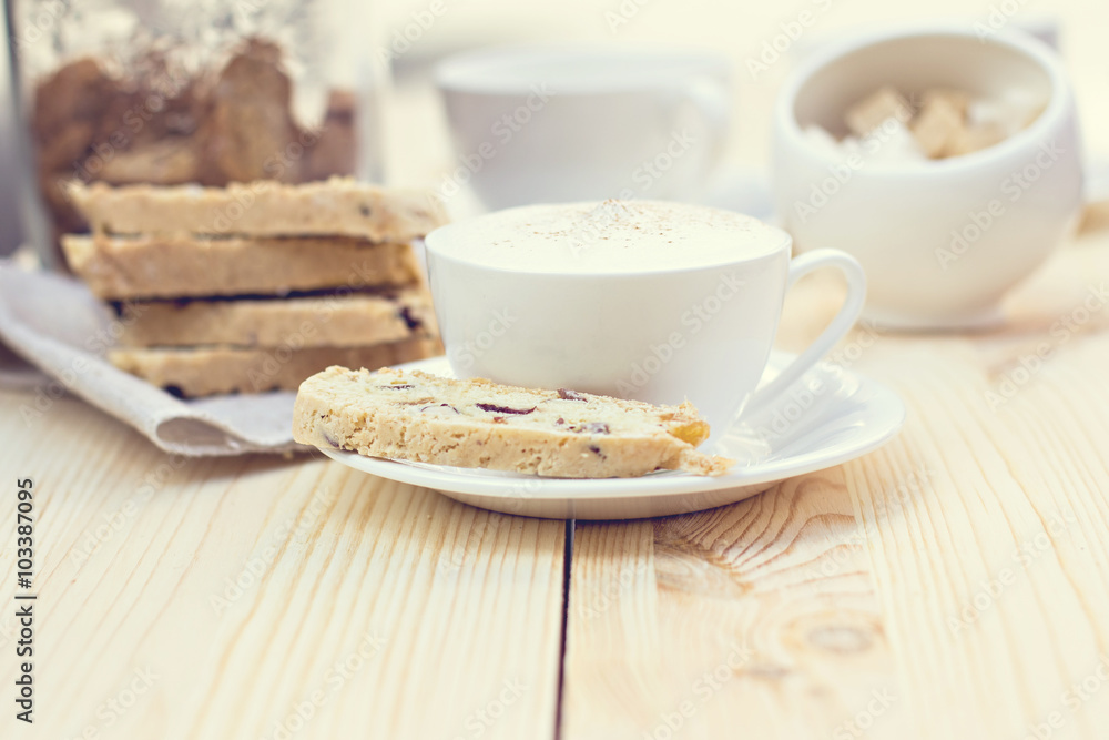 Fototapeta premium Biscotti with dried cranberries and coffee