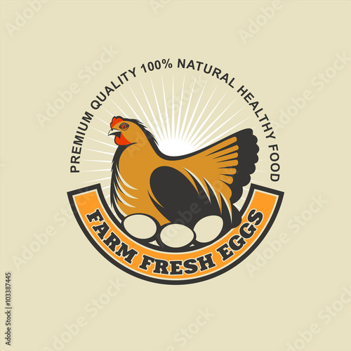 Fresh farm eggs. Vector logo, sign. The image of the chicken sit