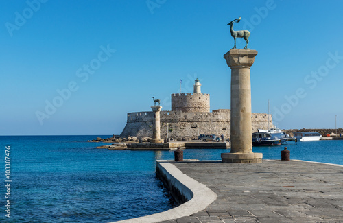 Mandraki harbor entrance, Rhodes Greece