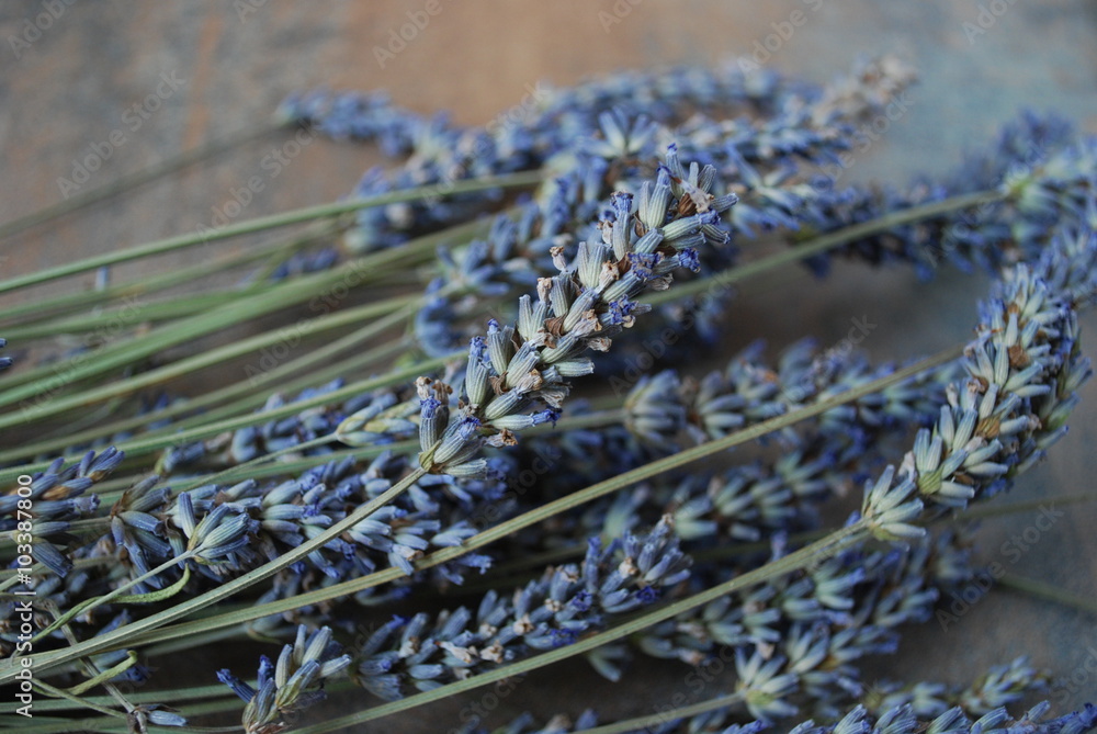 Fototapeta premium A bunch of dried lavender flowers on a wooden background.