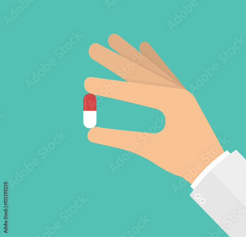 Hand holding medicine pill. Doctor showing medical capsule concept. Vector illustration in flat style design