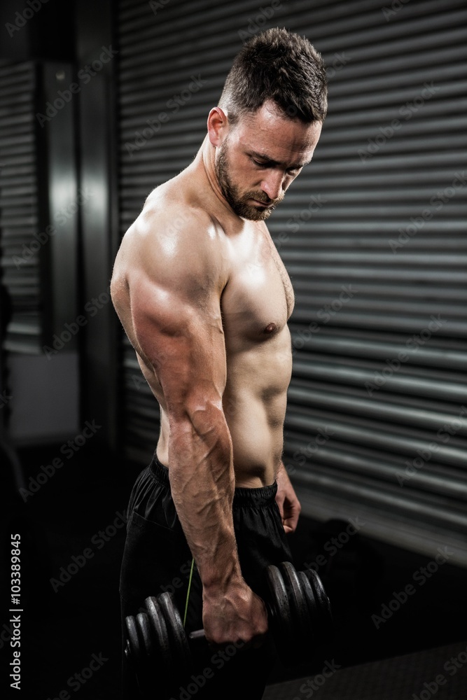 Obraz premium Shirtless man holding heavy dumbbell
