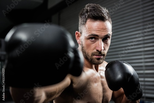 Determined shirtless man with boxe gloves hitting © WavebreakMediaMicro