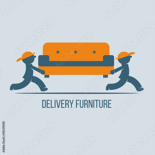 Shipping furniture. Vector logo, sign. Movers carry a couch.