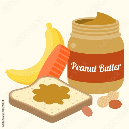 Vector peanut butter, bread, peanuts and banana, flat design